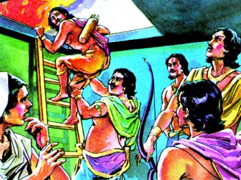 Pandavas escaping from burning palace