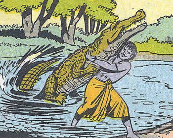 Arjuna dragging a crocodile out of the water