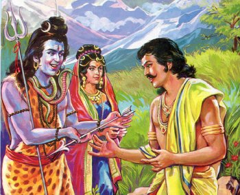 Lord Shiva handing over the Pashupat weapon to Arjuna
