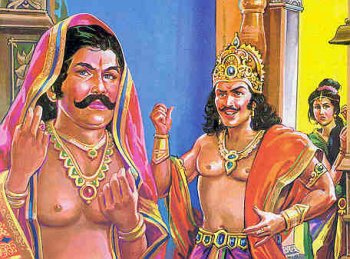 Draupadi watching Bheema, disguised as Draupadi, and Keechak