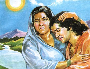 Karna breaking down in Kunti's arm