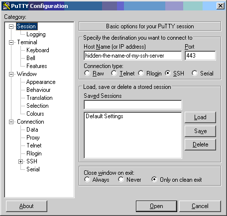 Setting up PuTTY host name and port