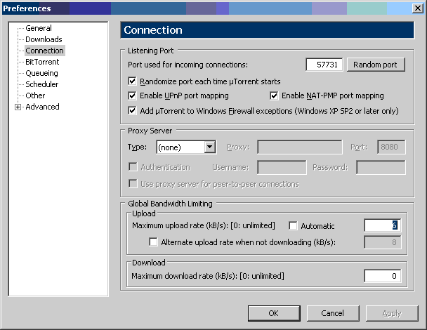 uTorrent Global Upload Bandwidth Limiting